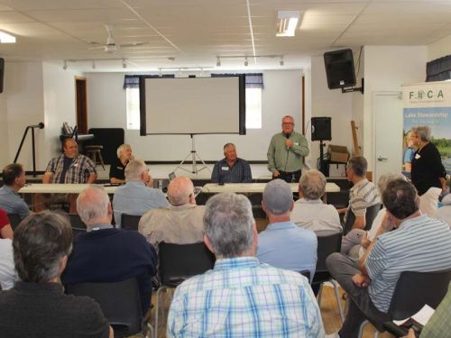 The panel discussion included (from left) Eric Kohlsmith, inspector with the Mississippi Rideau Septic System Office, North Frontenac Mayor Ron Higgins, Terry Kennedy of the Kennebec Lake Association and Gord Mitchell of KFL&A Public Health. Photo/Craig Bakay